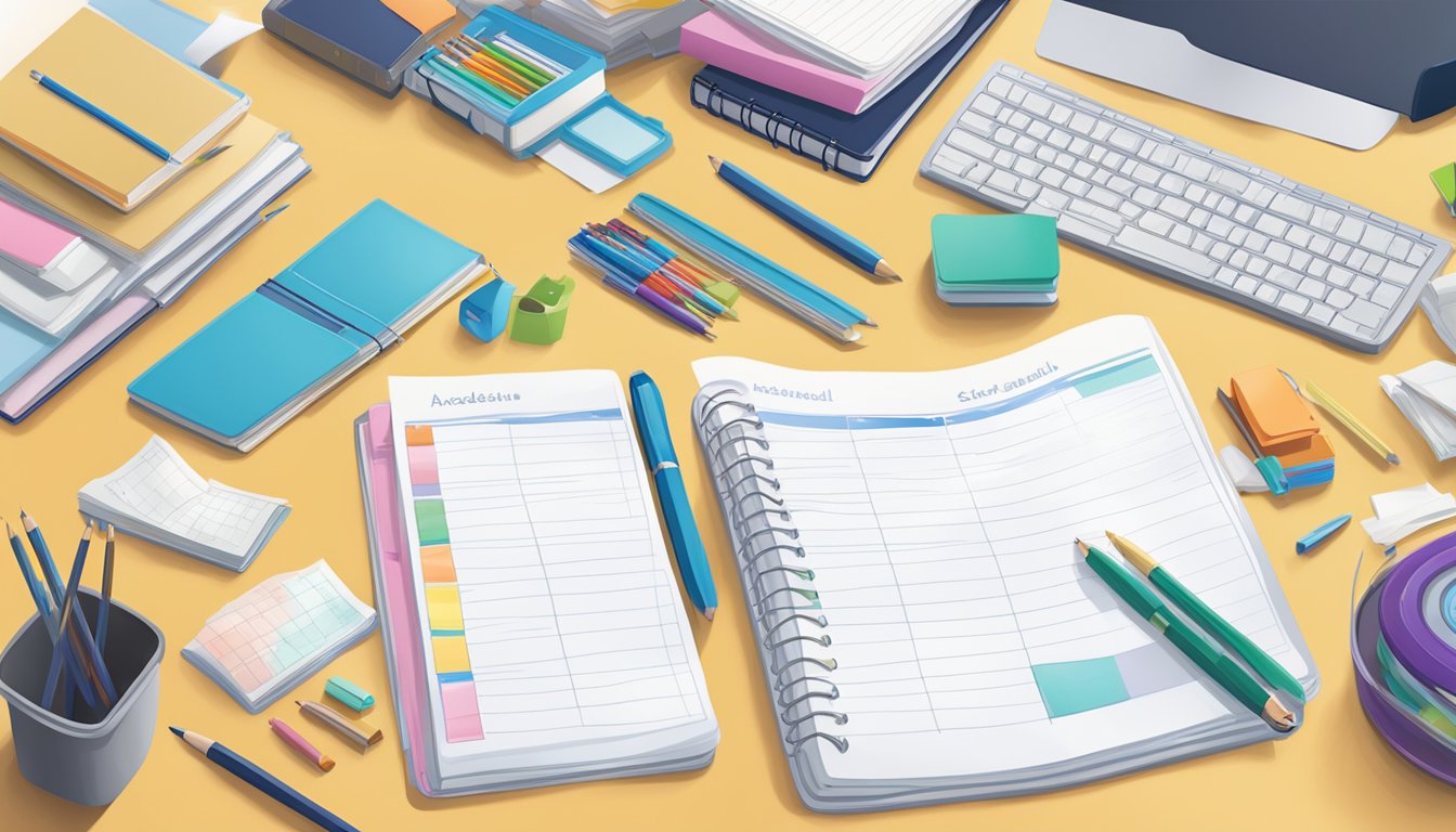 A student's desk with organized school supplies, a schedule, and a checklist for academic readiness in Singapore's secondary school