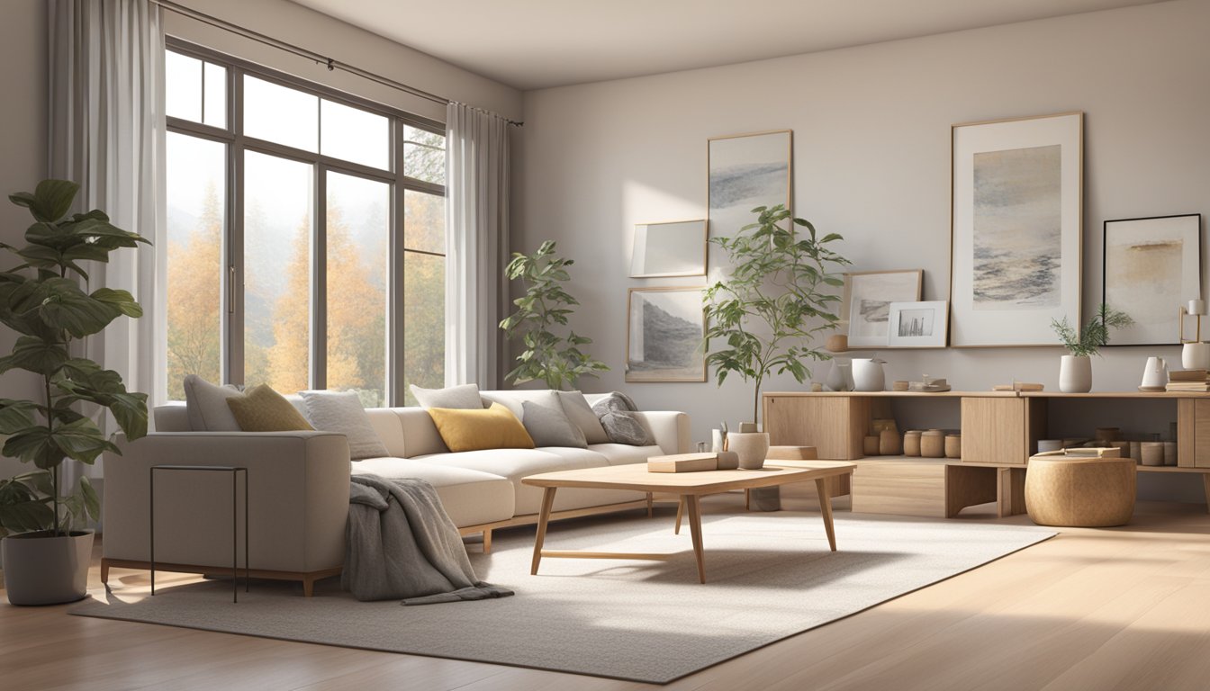 A cozy living room with minimalist furniture, natural materials, and soft, neutral colors. Large windows let in plenty of natural light, and a fireplace adds warmth to the space