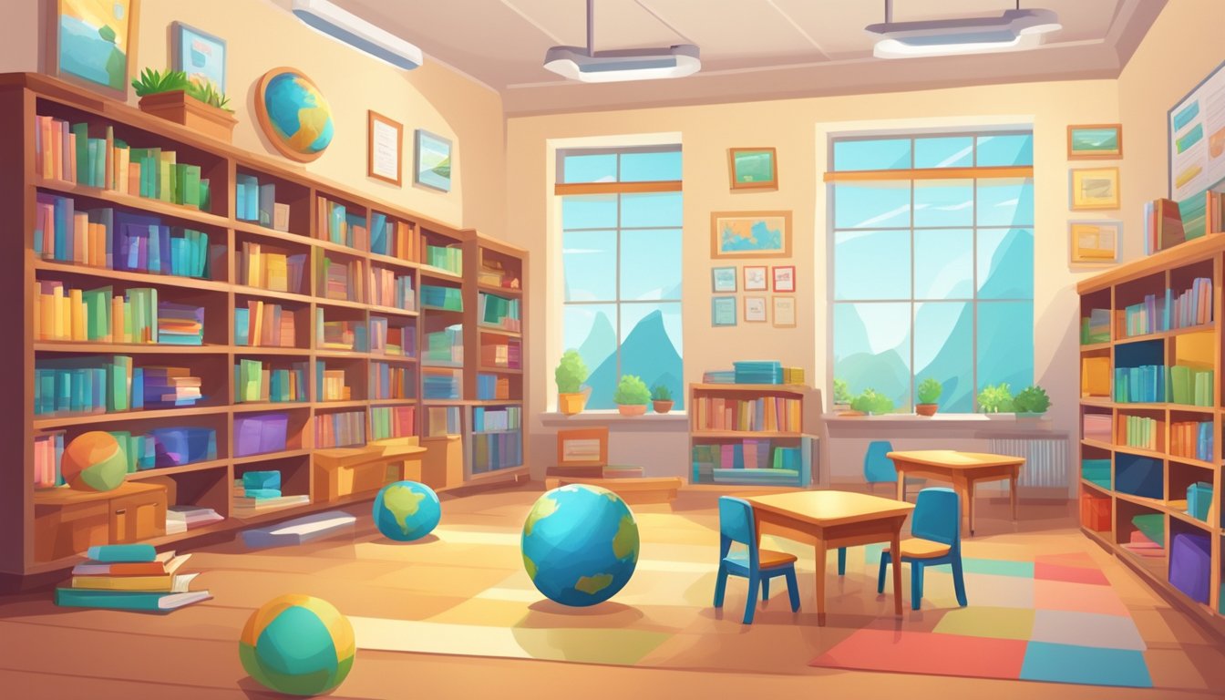 A bright and spacious classroom with colorful posters on the walls, a cozy reading corner, and a variety of educational materials neatly organized on shelves
