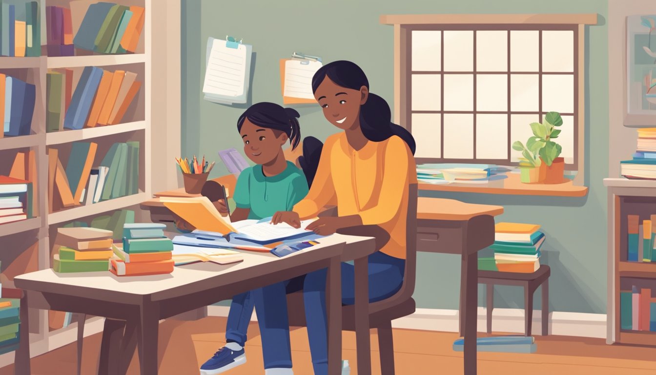 A parent and child sit at a desk, going through school materials. The parent is engaged, offering guidance and support, while the child listens attentively and asks questions. The room is filled with books, school supplies, and a calendar marking important dates