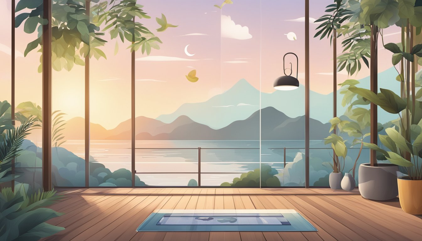 A calm, tranquil setting with a heart rate monitor displaying a low number, surrounded by symbols of relaxation and peace