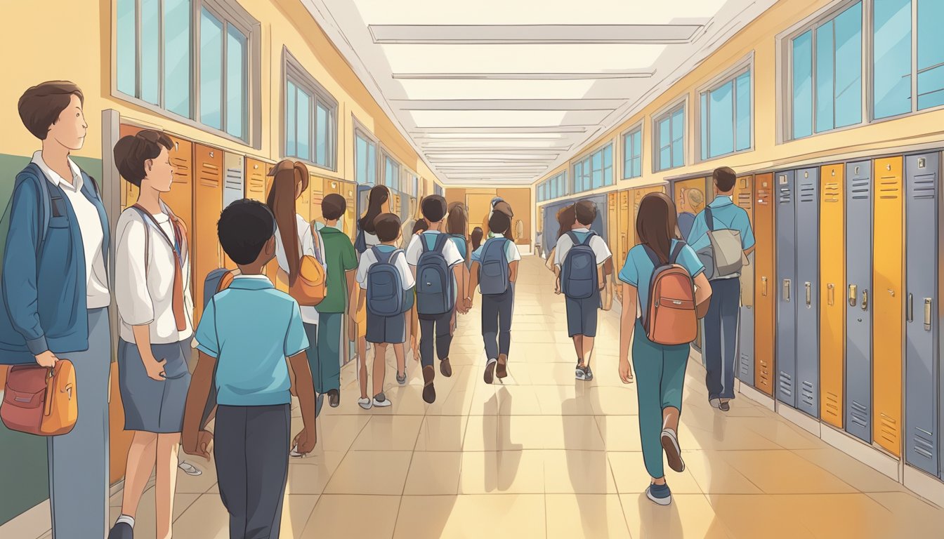 A bustling school corridor with lockers, students in uniform, and teachers guiding them to their classes. A clock on the wall shows the start of the school day