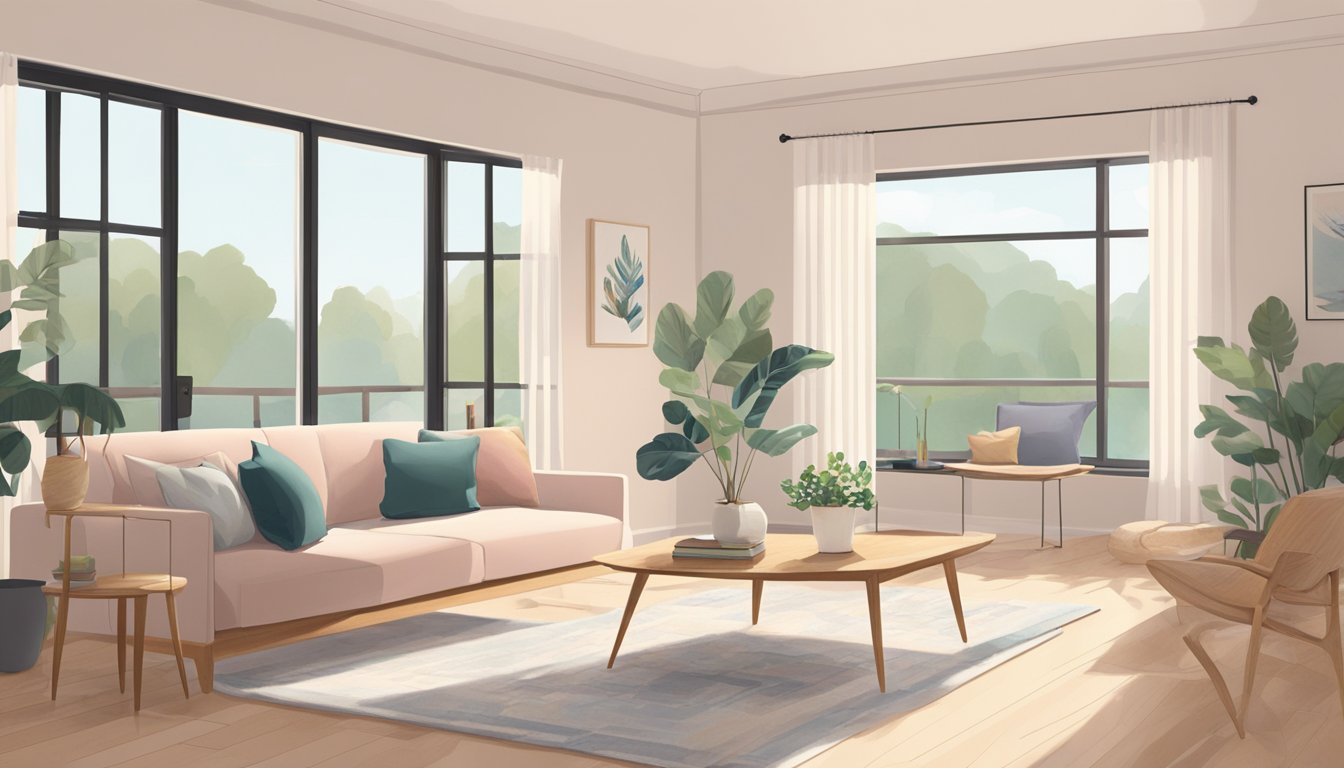 A cozy living room with minimal furniture, light wood floors, and white walls. Natural light floods the room through large windows, highlighting simple, functional decor and pops of pastel colors
