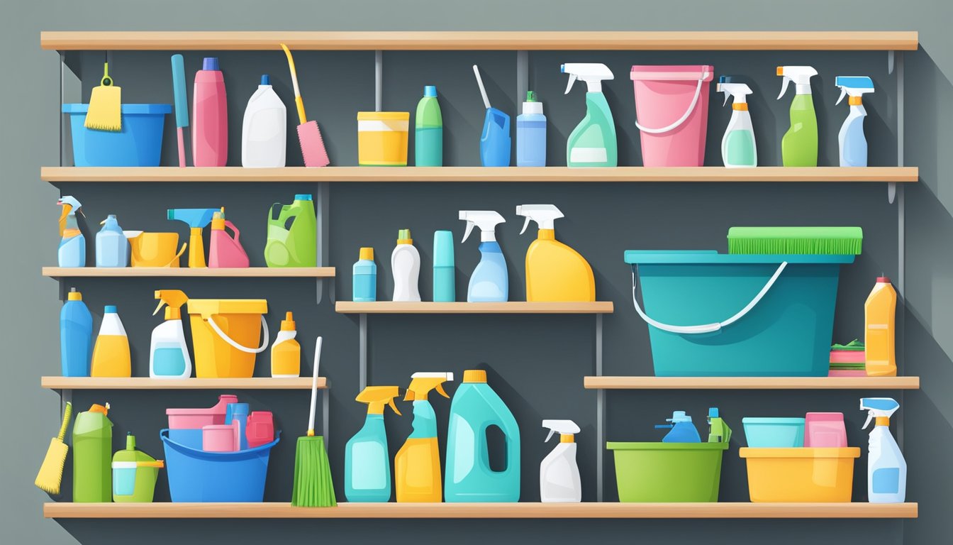 Cleaning equipment arranged neatly on shelves, with mops, buckets, and spray bottles organized for efficient use