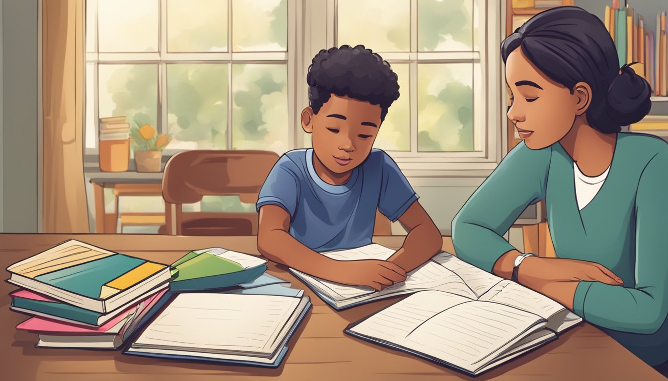 A parent and child discussing secondary school prep, with books, school supplies, and a calendar on the table. The child looks engaged and the parent is offering guidance