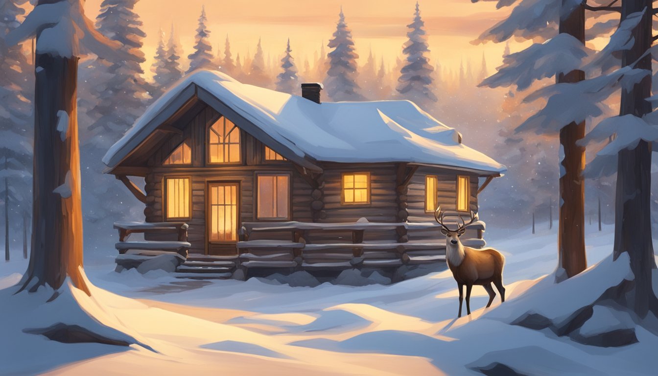 A cozy cabin nestled in a snowy forest, with a warm glow emanating from the windows. A reindeer peacefully grazes nearby, while a traditional Scandinavian flag flutters in the brisk wind