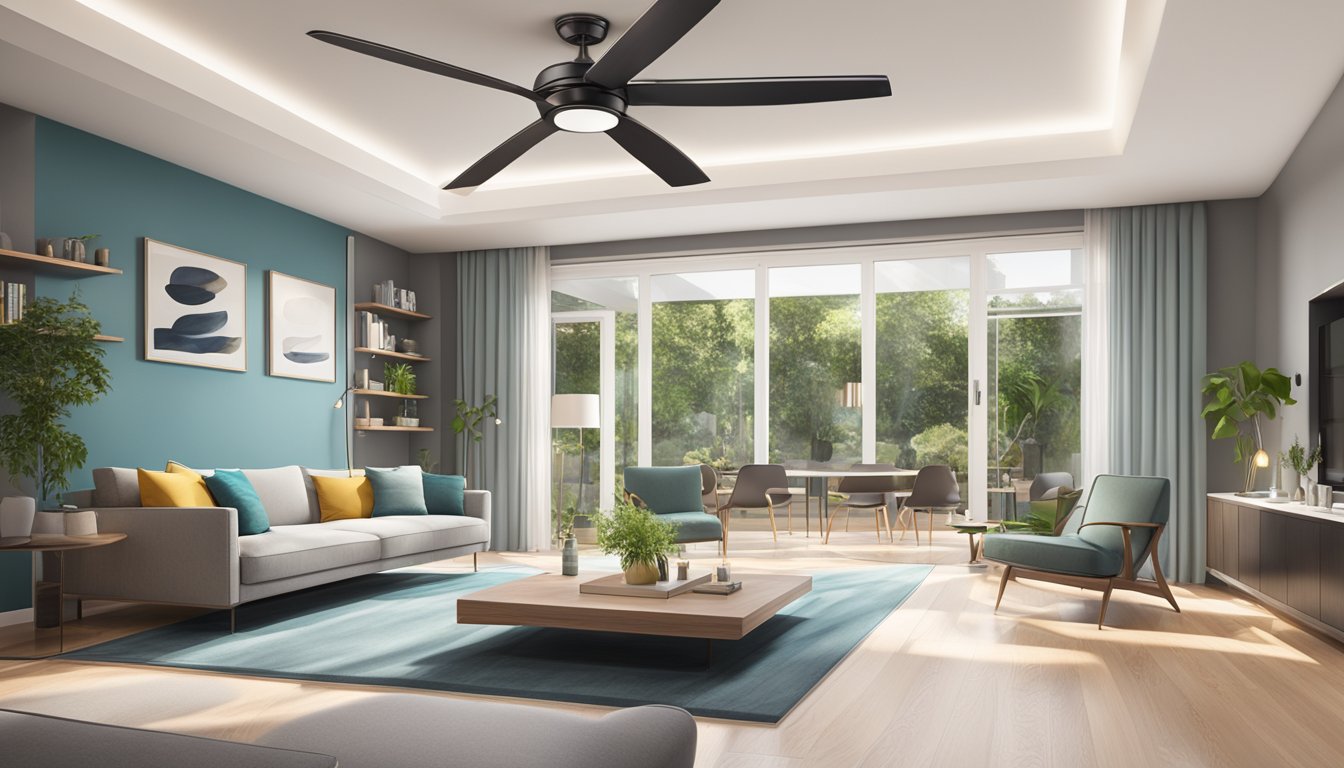 A sleek, modern ceiling fan with integrated LED lighting, mounted in a stylish living room with high ceilings and contemporary decor