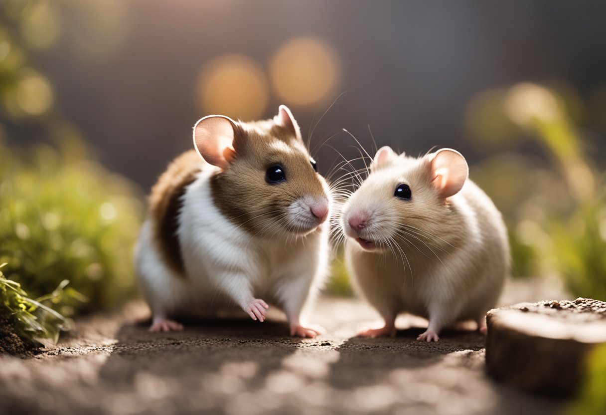 A hamster and a rat face each other, the hamster with a curious and friendly expression, while the rat looks cautious but interested