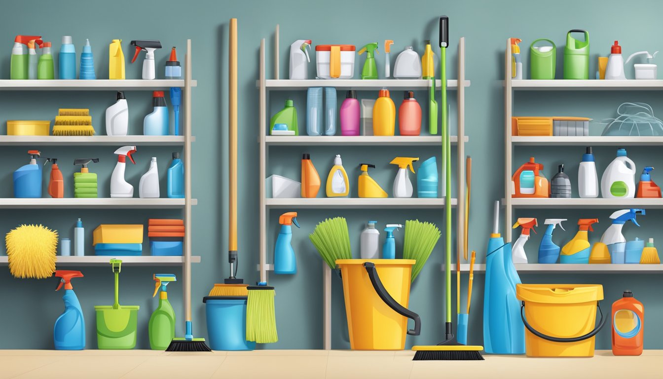 A variety of cleaning equipment arranged neatly on shelves and hooks, including mops, brooms, vacuum cleaners, and spray bottles