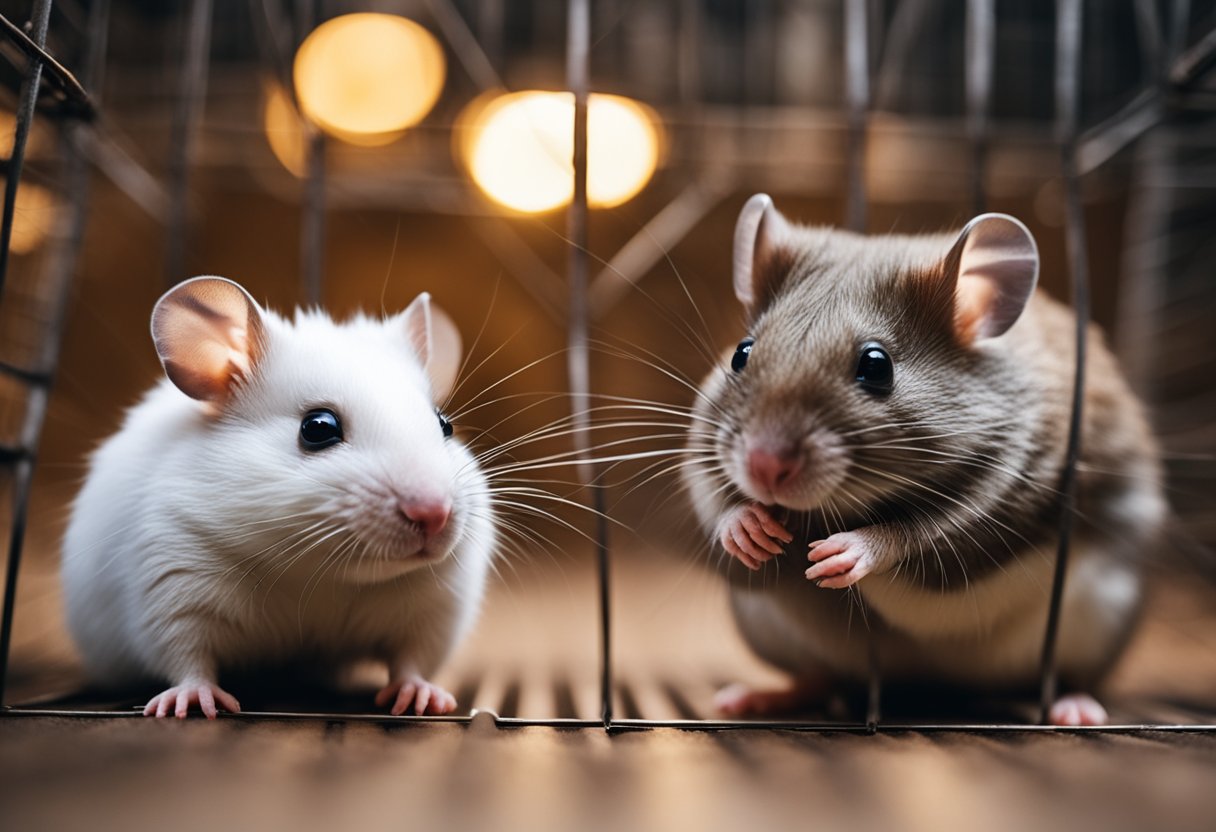 A hamster and a rat interact in a cage, displaying their behavior