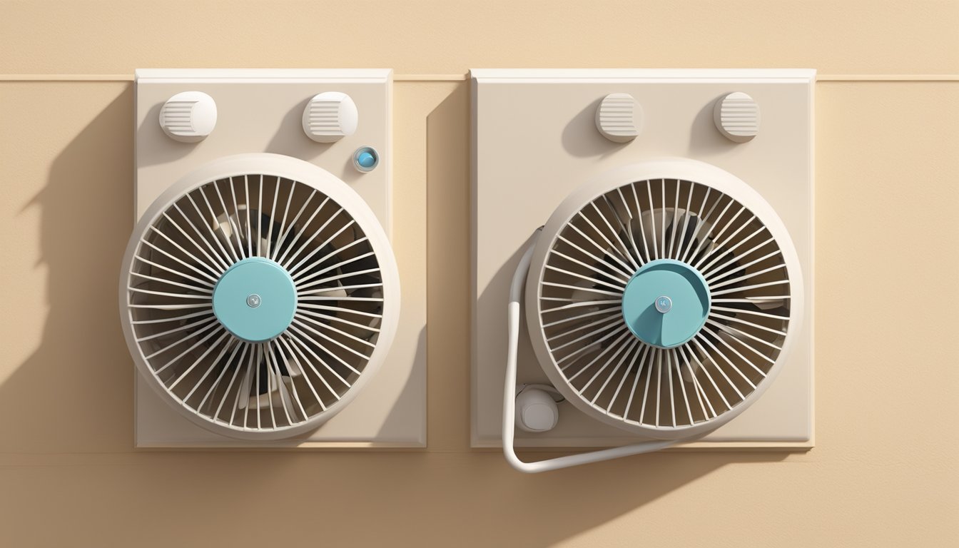 A small wall fan whirs quietly, mounted on a beige wall, its plastic blades spinning steadily in the warm breeze