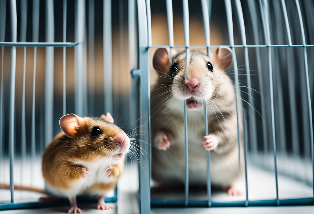 A hamster and a rat are in separate cages, both looking at each other with curiosity. The hamster appears more approachable, while the rat seems cautious