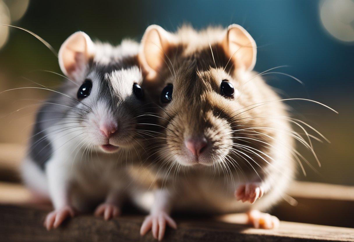 Two small animals, a hamster and a rat, sitting side by side, with the hamster appearing more approachable and friendly