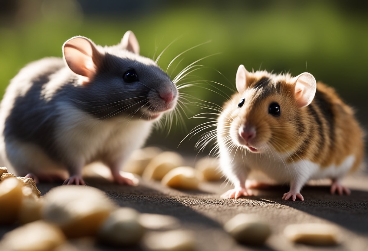 A hamster and a rat facing each other, with the hamster appearing more approachable and friendly