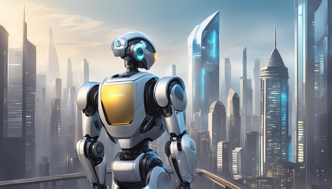 A futuristic robot stands in front of a sleek, modern city skyline, with the Autowealth logo displayed prominently in the background