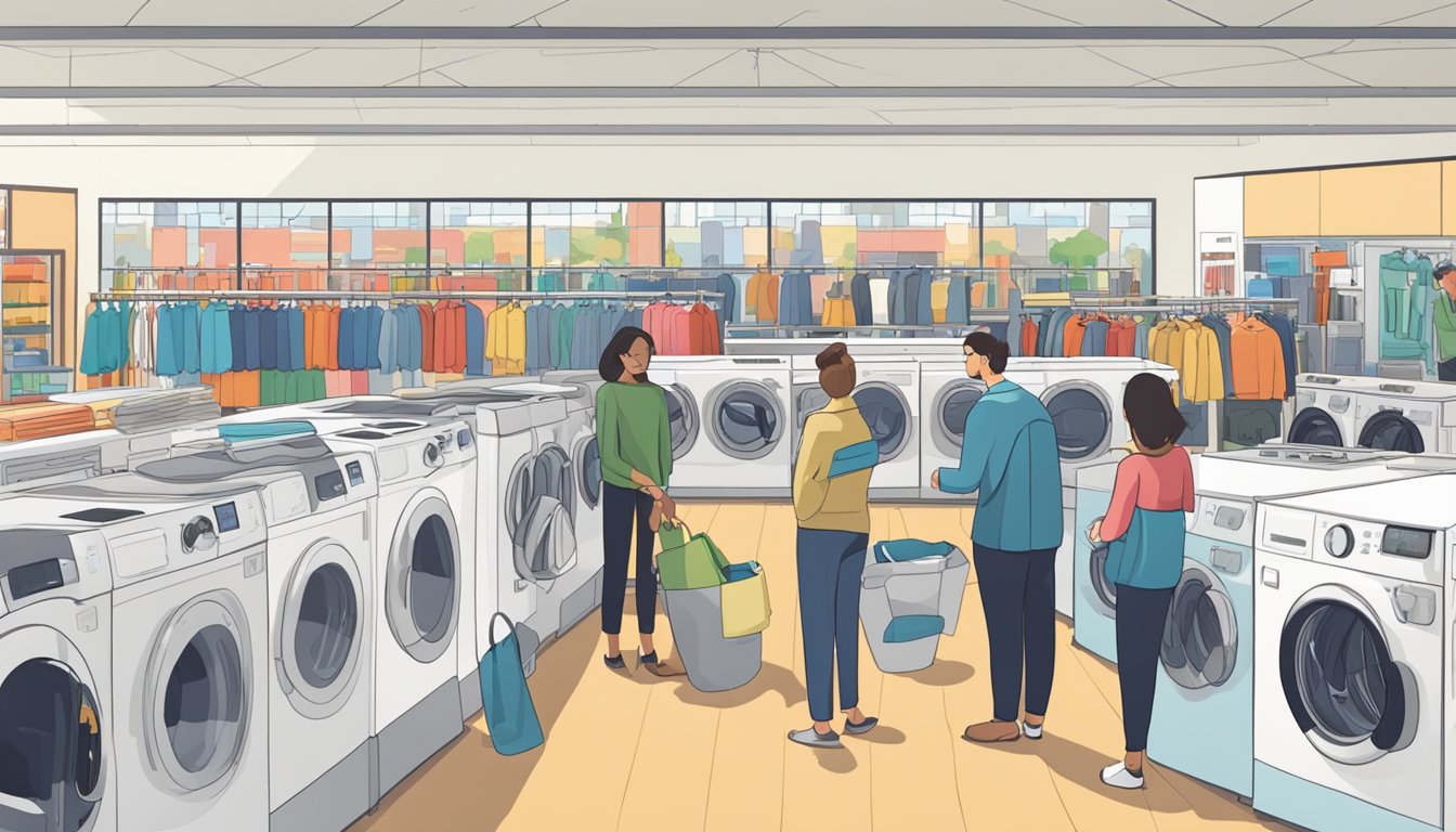 A crowded appliance store with rows of washing machines on sale. Customers browse the options, while a salesperson assists a couple with a purchase