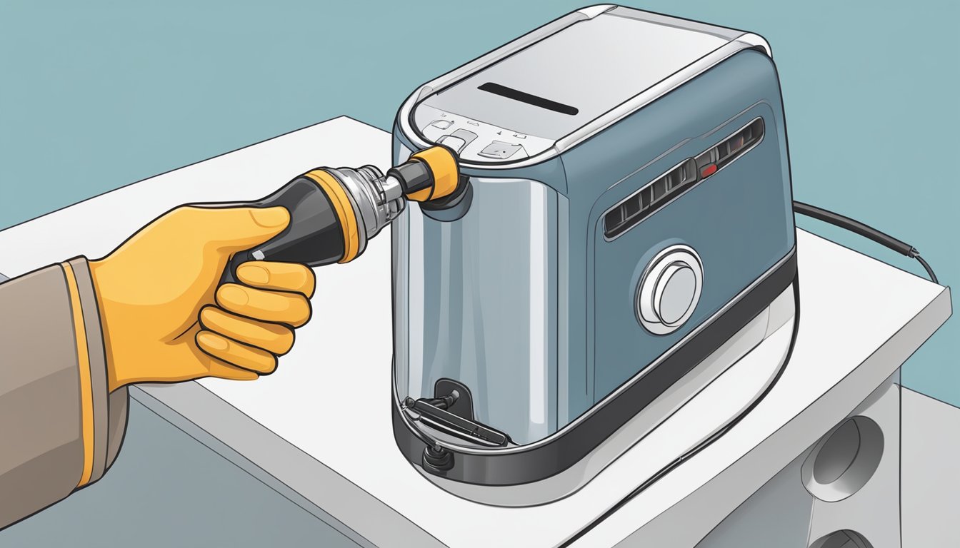 A hand holding a screwdriver unscrews the bottom of an electric airpot. Wires and heating element are visible