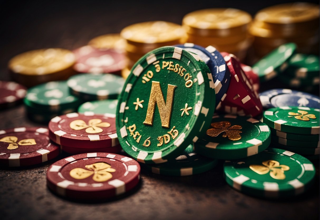 A pile of casino chips with a "No Deposit Bonus" sign on top. A lucky horseshoe and four-leaf clover nearby