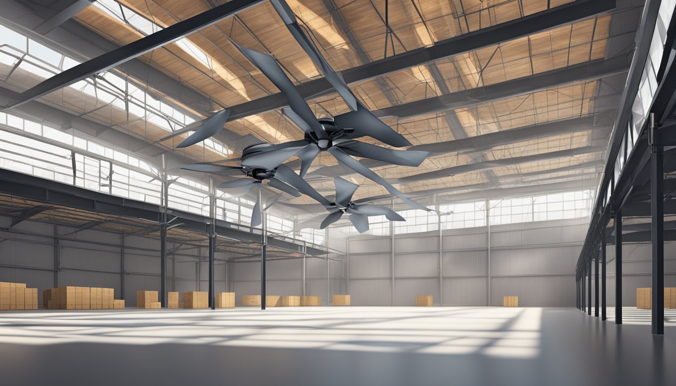 Industrial ceiling fans spin above a vast, empty warehouse floor. Their large blades cut through the air, creating a rhythmic whooshing sound