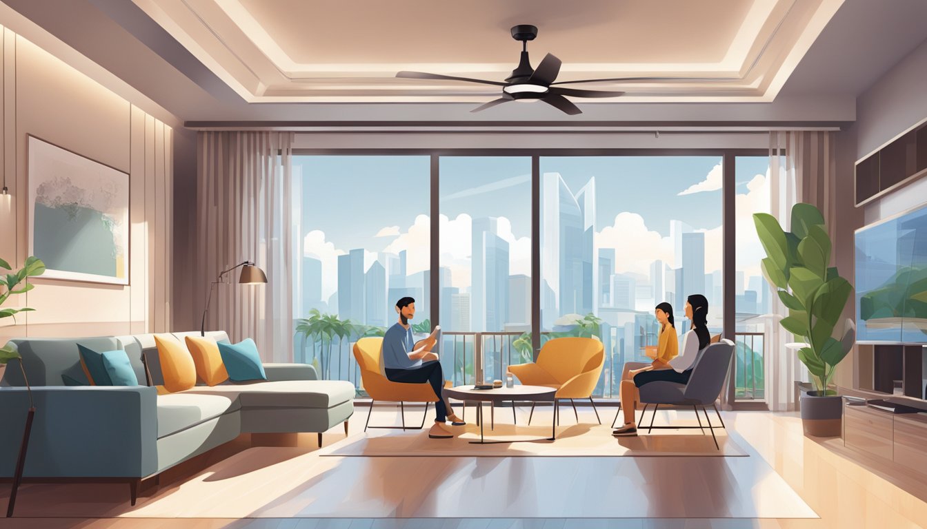 A family in a cozy living room, admiring a sleek ceiling fan with integrated light, set against a backdrop of modern Singaporean architecture