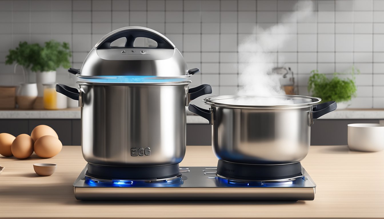 A stainless steel egg boiler sits on a kitchen countertop in Singapore, with steam rising from the top as it cooks eggs