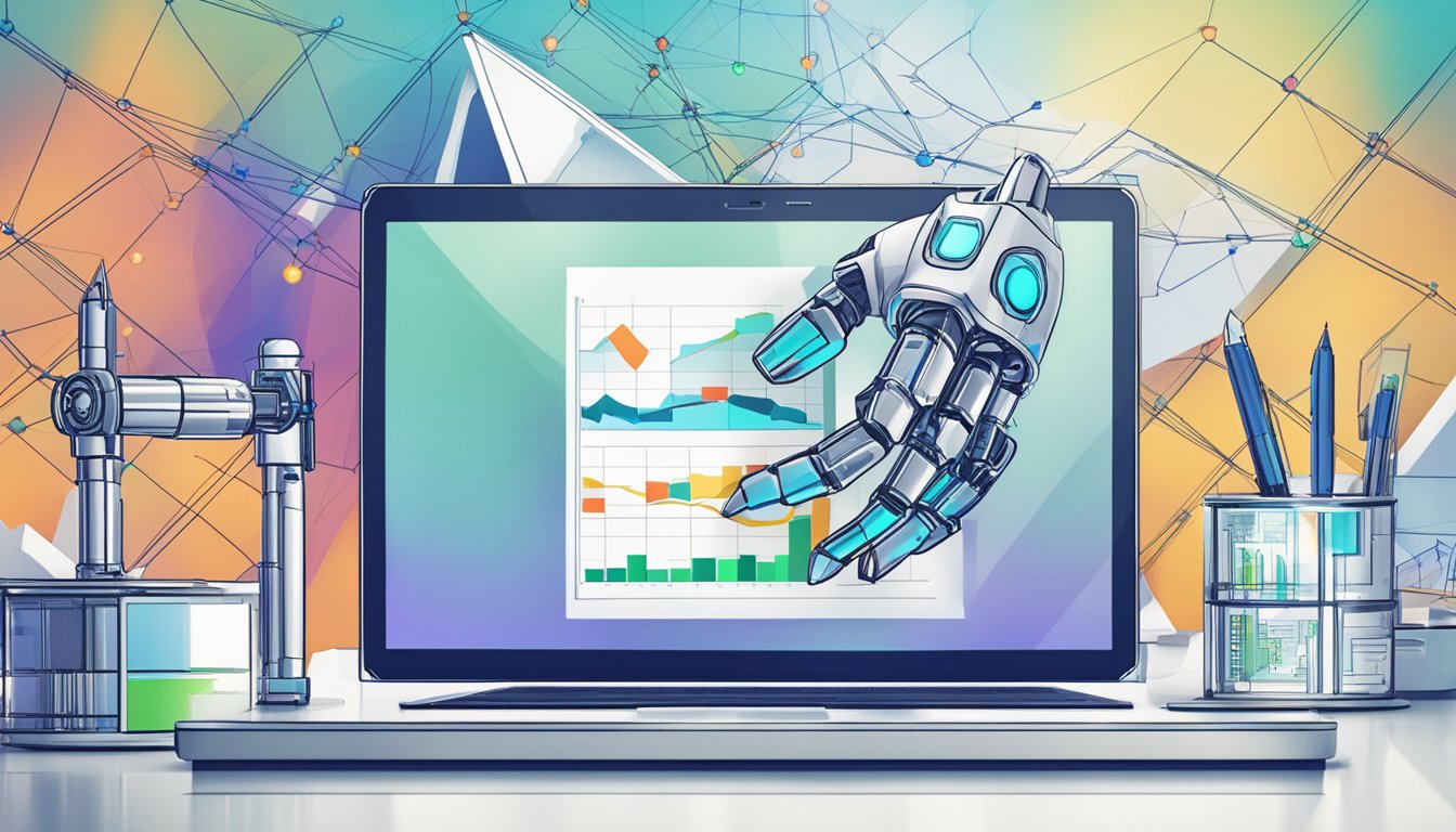 Autowealth logo on a digital screen with financial charts in the background. A robot hand holding a pen, symbolizing automated investment management