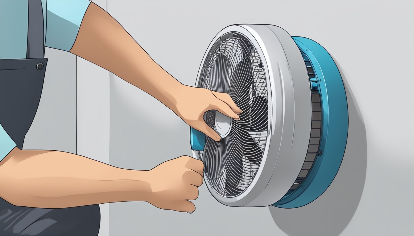 A small wall fan is being installed and maintained by a technician