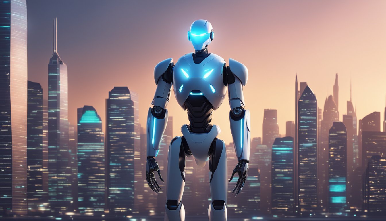 A sleek, futuristic robot stands against a backdrop of a modern city skyline, with glowing screens displaying financial data and charts