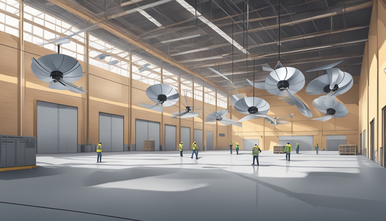 Industrial ceiling fans spinning above large warehouse floor, cooling workers and improving air circulation