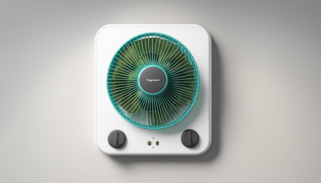 A small wall fan with "Frequently Asked Questions" written on the front. Mounted on a white wall with a simple on/off switch