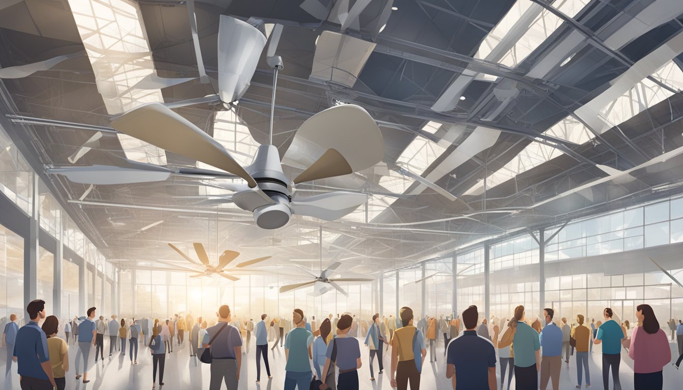Several industrial ceiling fans spinning above a large open space, with people looking up and pointing at them