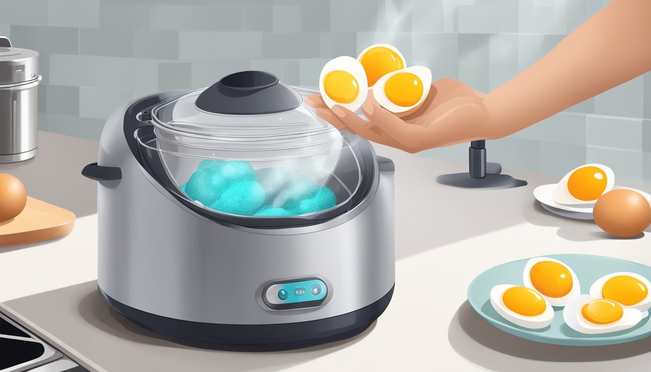 A hand placing an egg into an electric egg boiler with water inside, set on a kitchen countertop