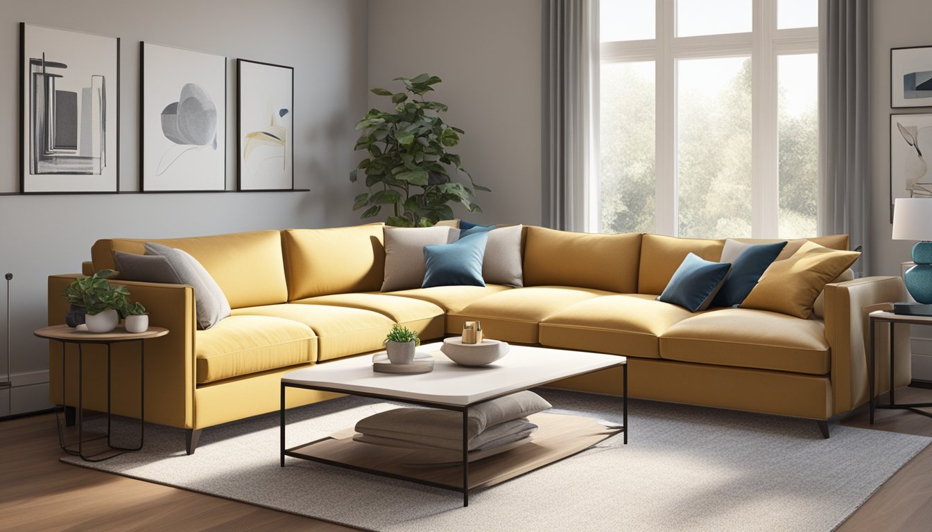 A 2-seater L-shape sofa sits in a well-lit living room, with throw pillows neatly arranged and a side table next to it