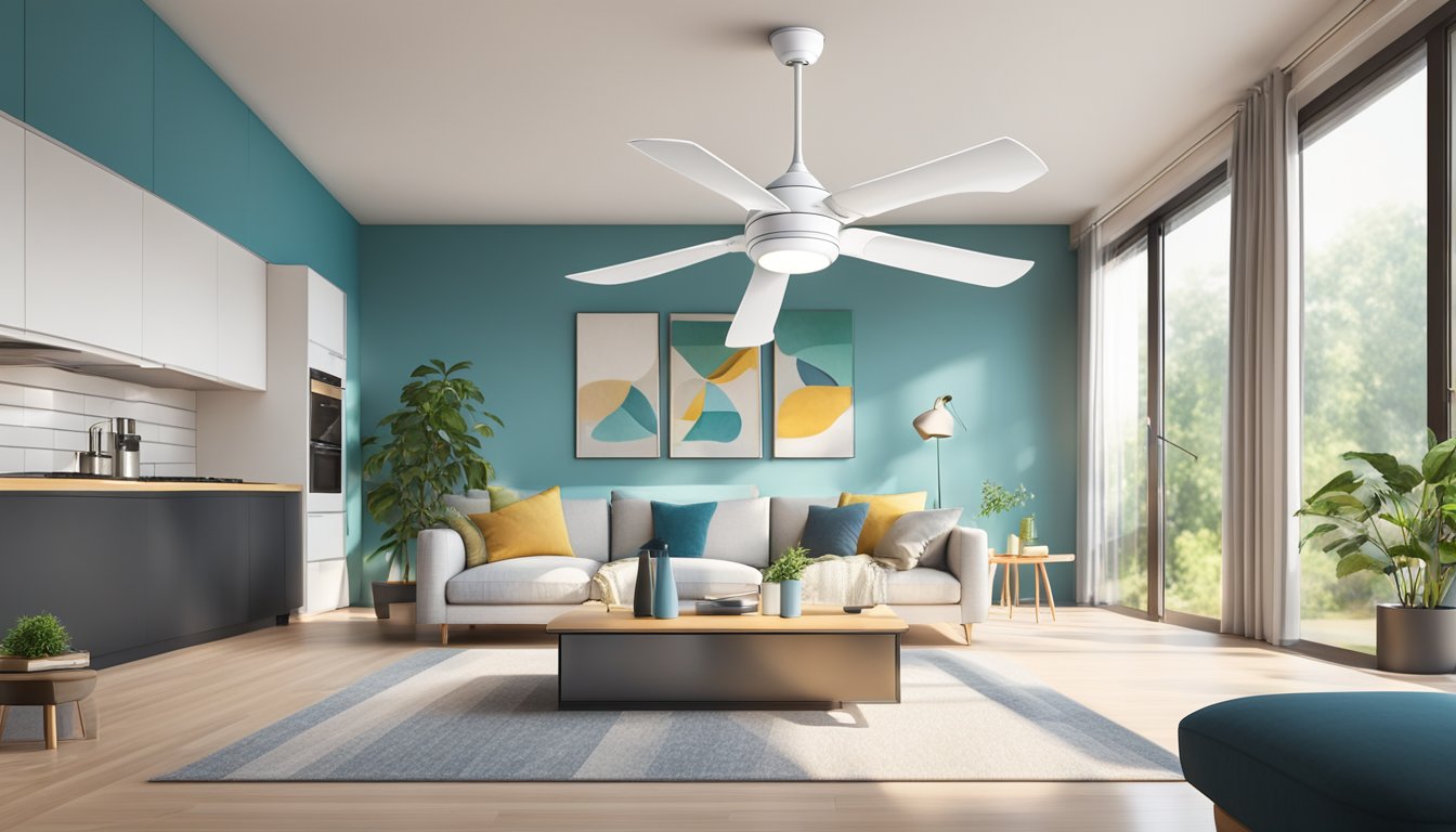 A modern ceiling fan with integrated LED light hangs from a high ceiling in a stylish living room, surrounded by energy-efficient appliances and smart home devices