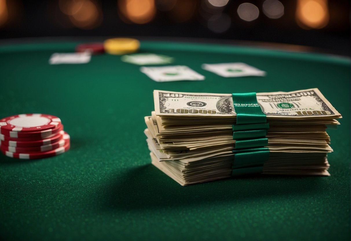 A stack of $100 bills on a green felt poker table at Lucky Creek casino. The logo is visible in the background