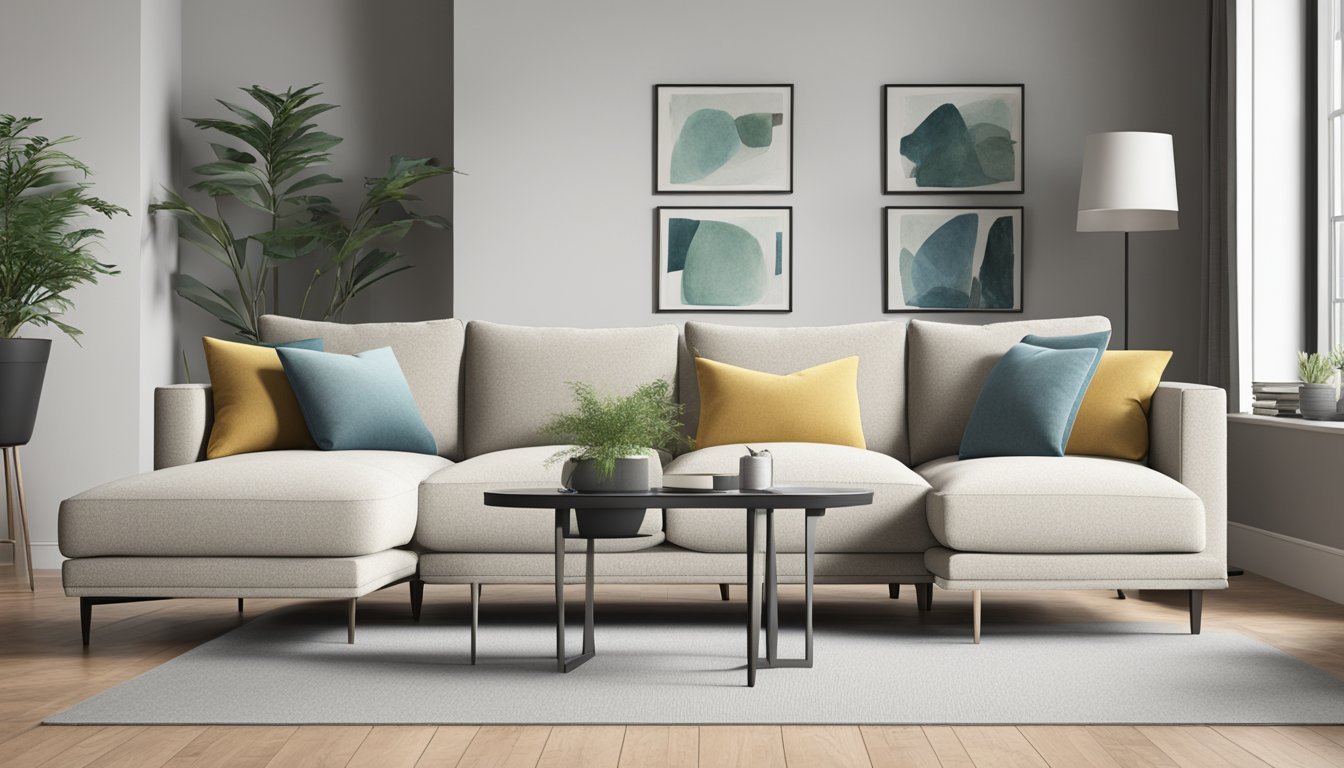 A modern, sleek 2-seater L-shaped sofa with clean lines and a minimalist design, featuring a low back and upholstered in a neutral, textured fabric