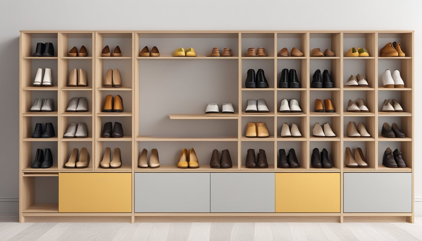 A wooden shoe cabinet stands against a white wall, with multiple compartments and a sleek, minimalist design