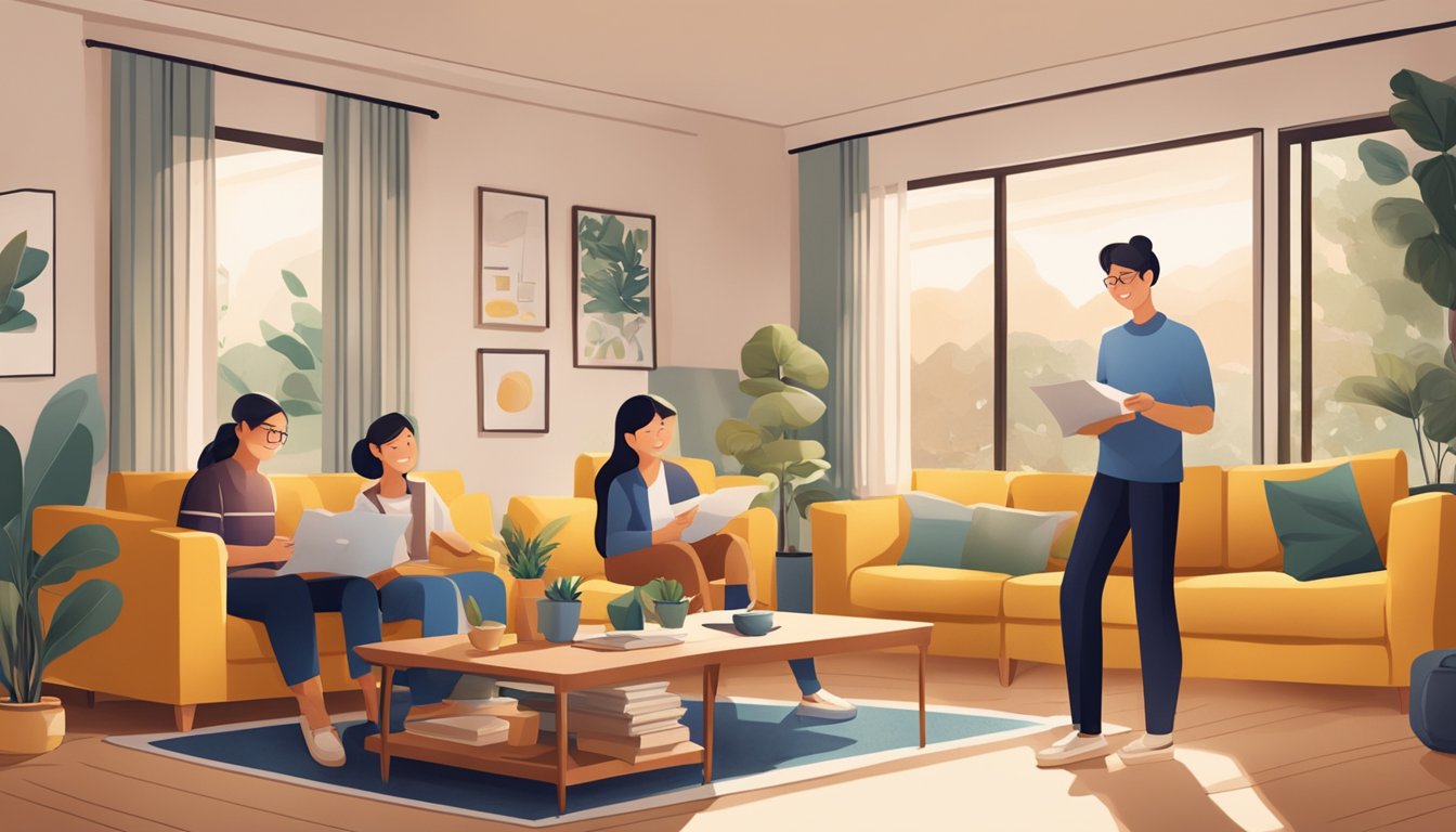 A cozy living room with a family reviewing Maybank home loan documents, surrounded by comfortable furniture and warm lighting