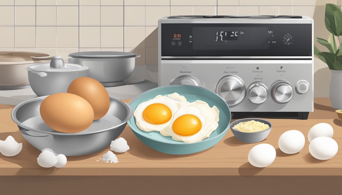 A kitchen counter with a modern egg boiler next to a carton of eggs, a pot of water, and a timer set for boiling