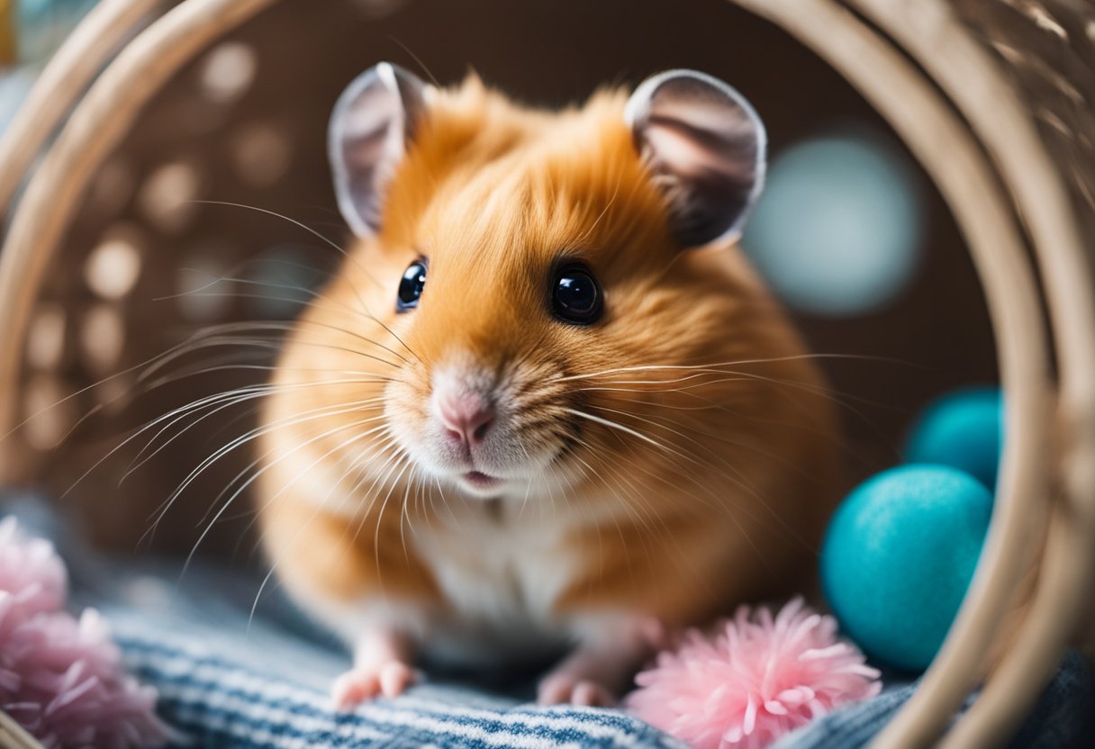 A Syrian hamster sits in a cozy cage, surrounded by bedding and toys. Its bright eyes and twitching nose show curiosity and alertness