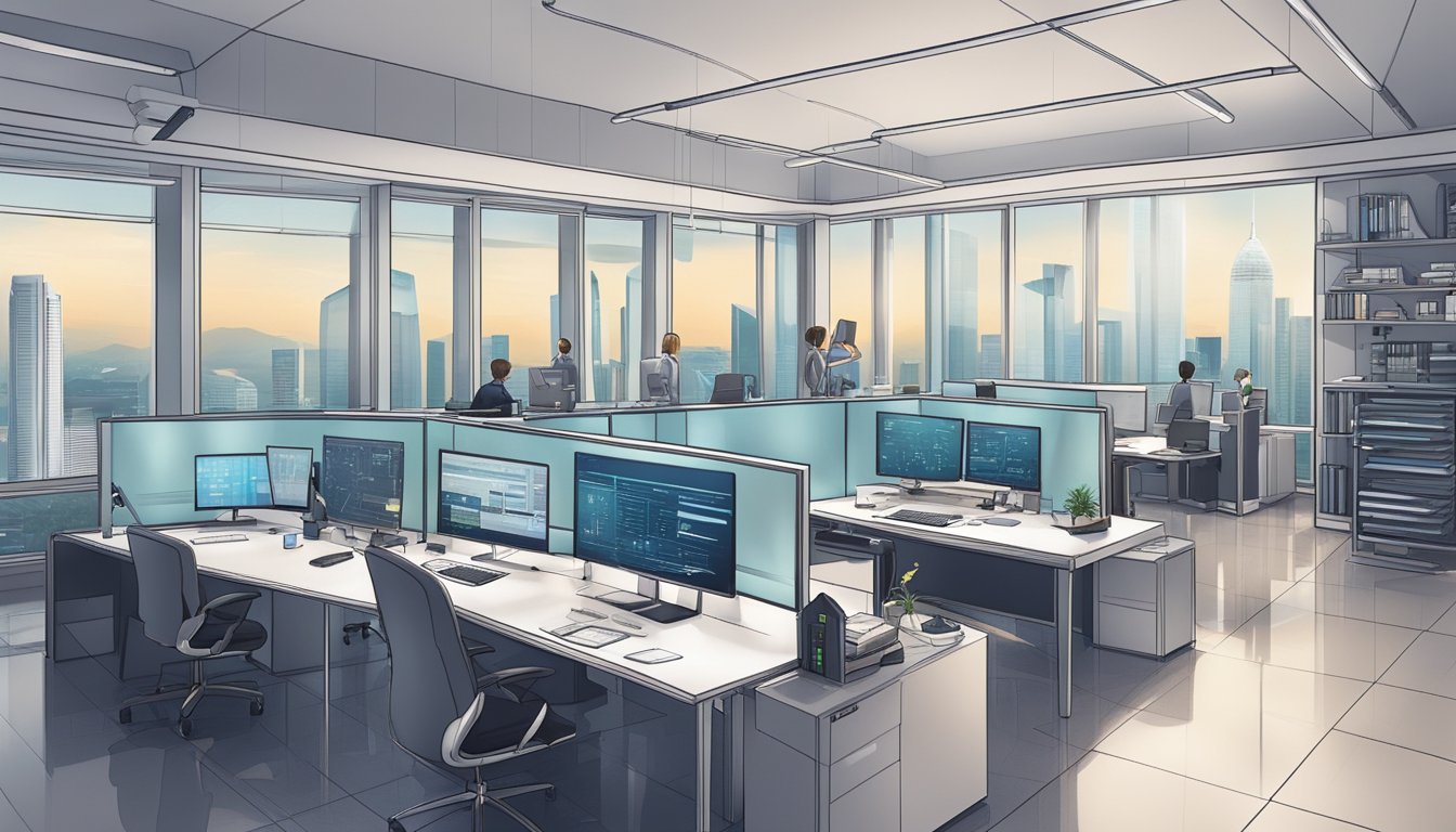 A sleek, futuristic robo advisor office in Singapore, with strict regulatory compliance and top-notch security measures in place