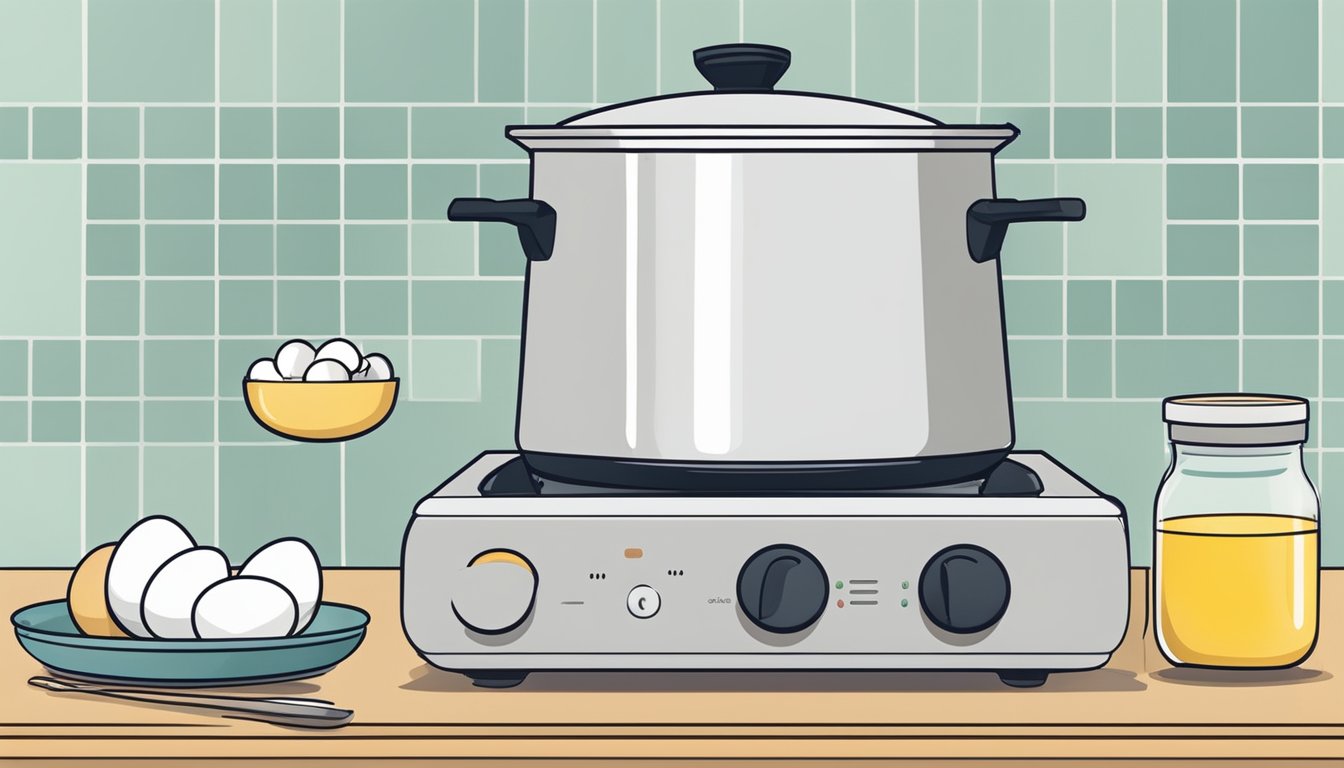 An egg boiler sitting on a kitchen countertop, surrounded by a variety of eggs and a timer set for boiling