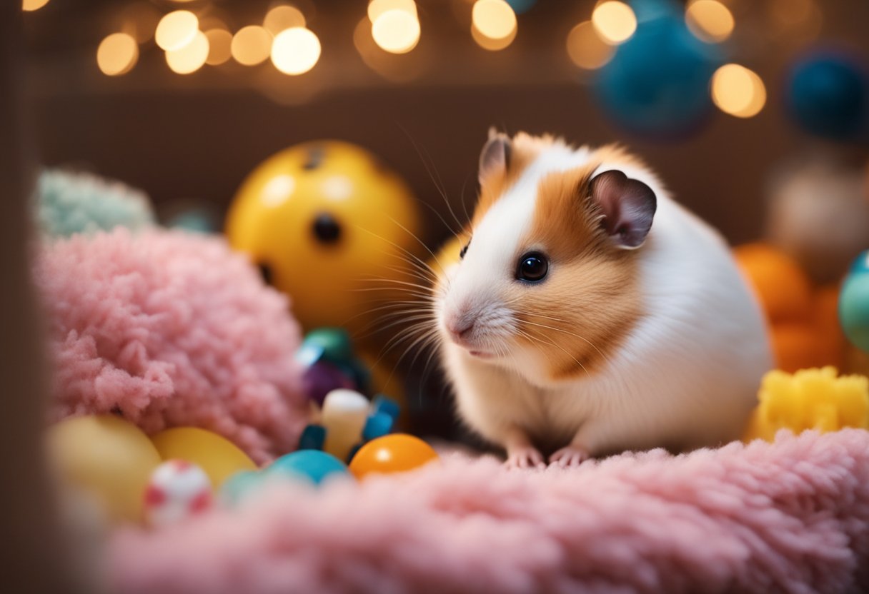 A Syrian hamster sits in its cage, surrounded by toys and a cozy bedding. Its bright eyes and fluffy fur indicate its youth, while its energetic movements suggest a healthy and vibrant lifespan ahead