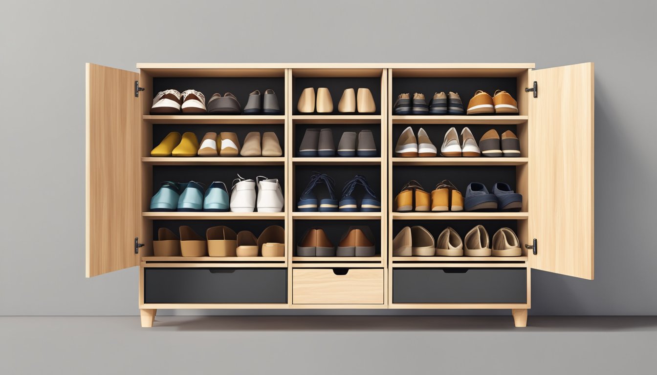 A wooden shoe cabinet with sleek, modern design, featuring multiple shelves and compartments for organizing and storing footwear