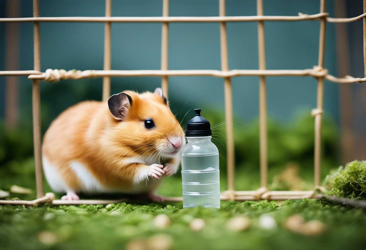 A Syrian hamster sits in a cage, surrounded by bedding and a water bottle. A pile of food is nearby