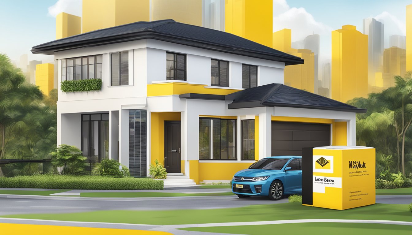 A stack of loan packages with Maybank branding, surrounded by key features and benefits, against a backdrop of a modern Singaporean home
