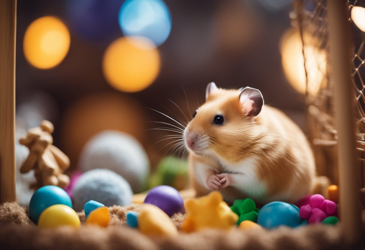 A Syrian hamster sits in a cozy cage, surrounded by toys and bedding. Its whiskers twitch as it sniffs the air, its bright eyes curious and alert