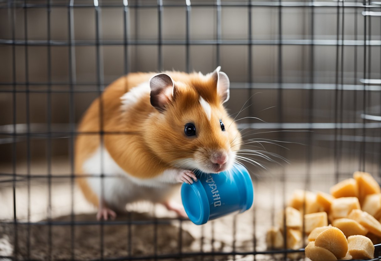 A Syrian hamster sits in a cage with a wheel, water bottle, and food dish. A sign above reads "Frequently Asked Questions: How long do Syrian hamsters live?"
