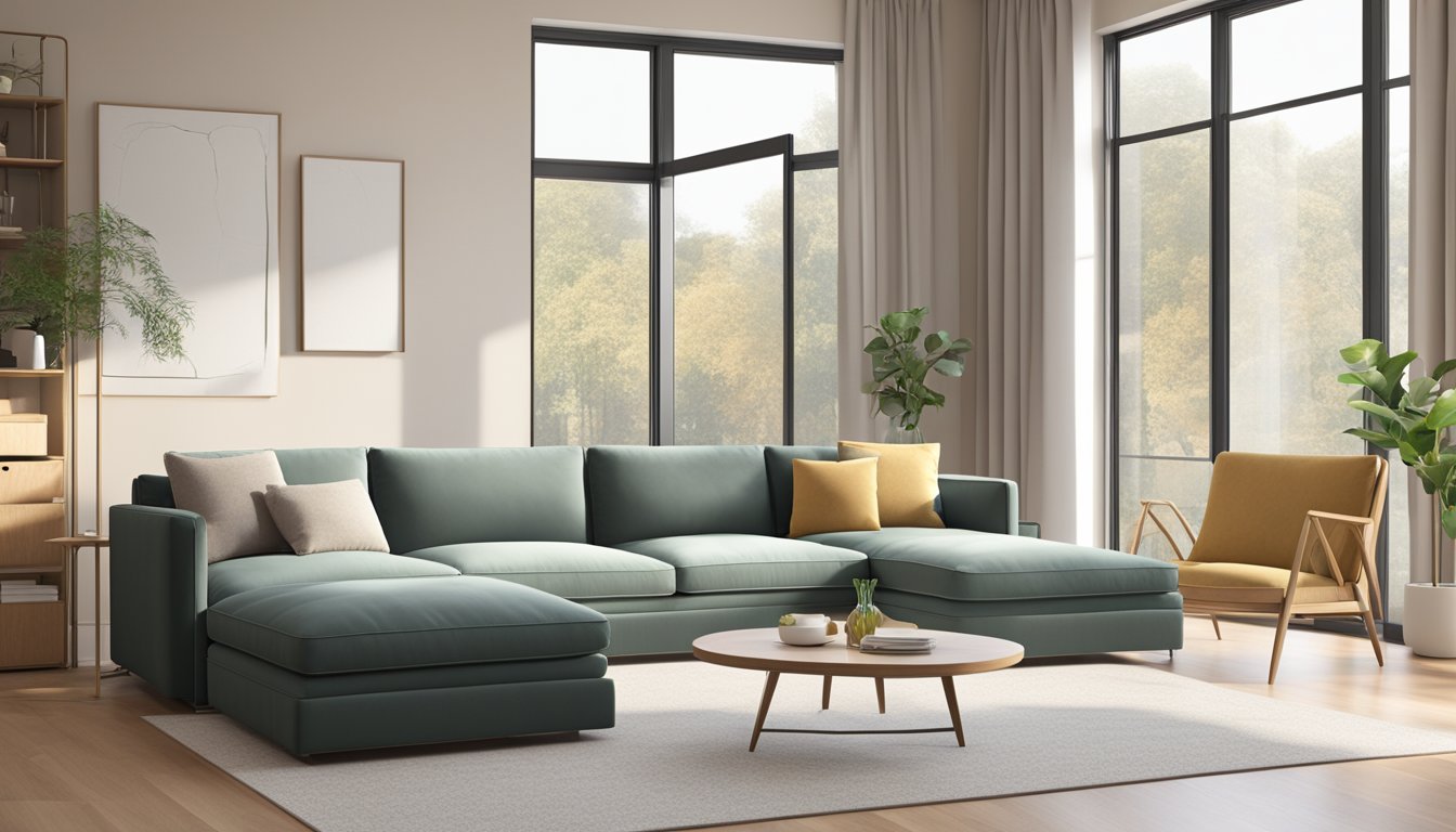 A 2-seater L-shaped sofa placed in a spacious living room with neutral-colored walls and a large window letting in natural light