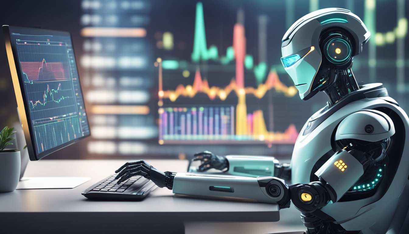 A futuristic robot analyzing financial data on a digital interface, with graphs and charts displayed on a screen